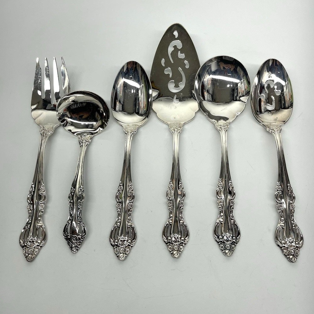 EP SS Japan Silver Plate Flatware 6 Piece Serving Set Romantic Rose Pattern Vtg.